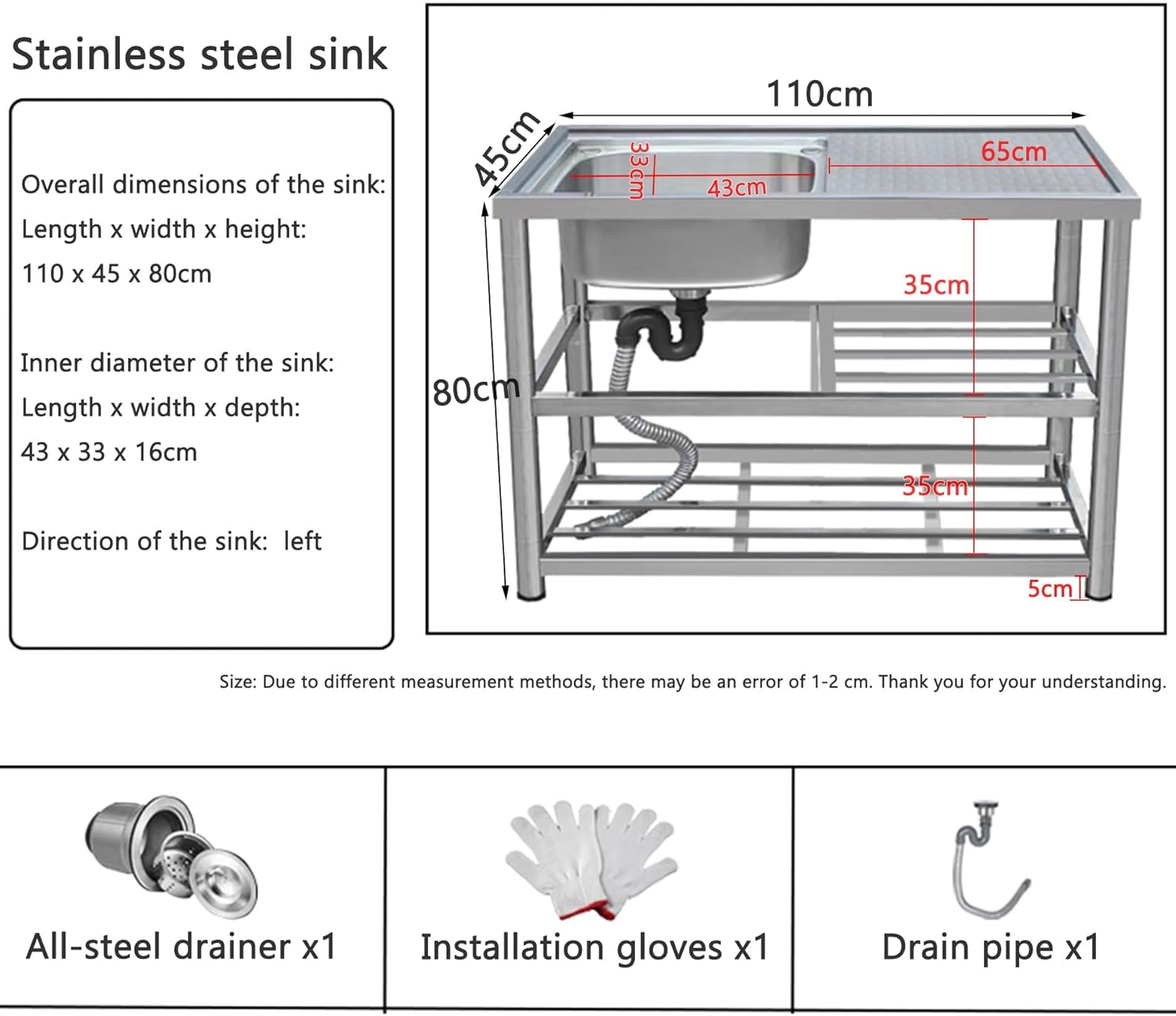 Outdoor Kitchen Sink with Hose Hook up,Free Standing Outside Sink,Stainless Steel Utility Laundry Tub,Portable Camping Sink,Hand Washing Station for Outside Garden Commercial Garage Camping(110*45*80c