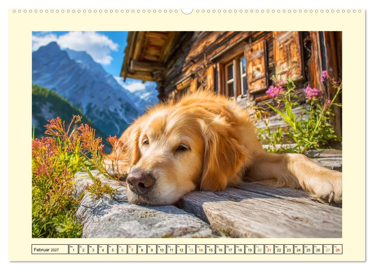 CALVENDO - Golden Retriever. Treue Seelenhunde in der Bergwelt (hochwertiger Premium Wandkalender 2027 DIN A2 quer), Kunstdruck in Hochglanz: Inmitten der majestätischen Alpenkulisse zeigen diese toll