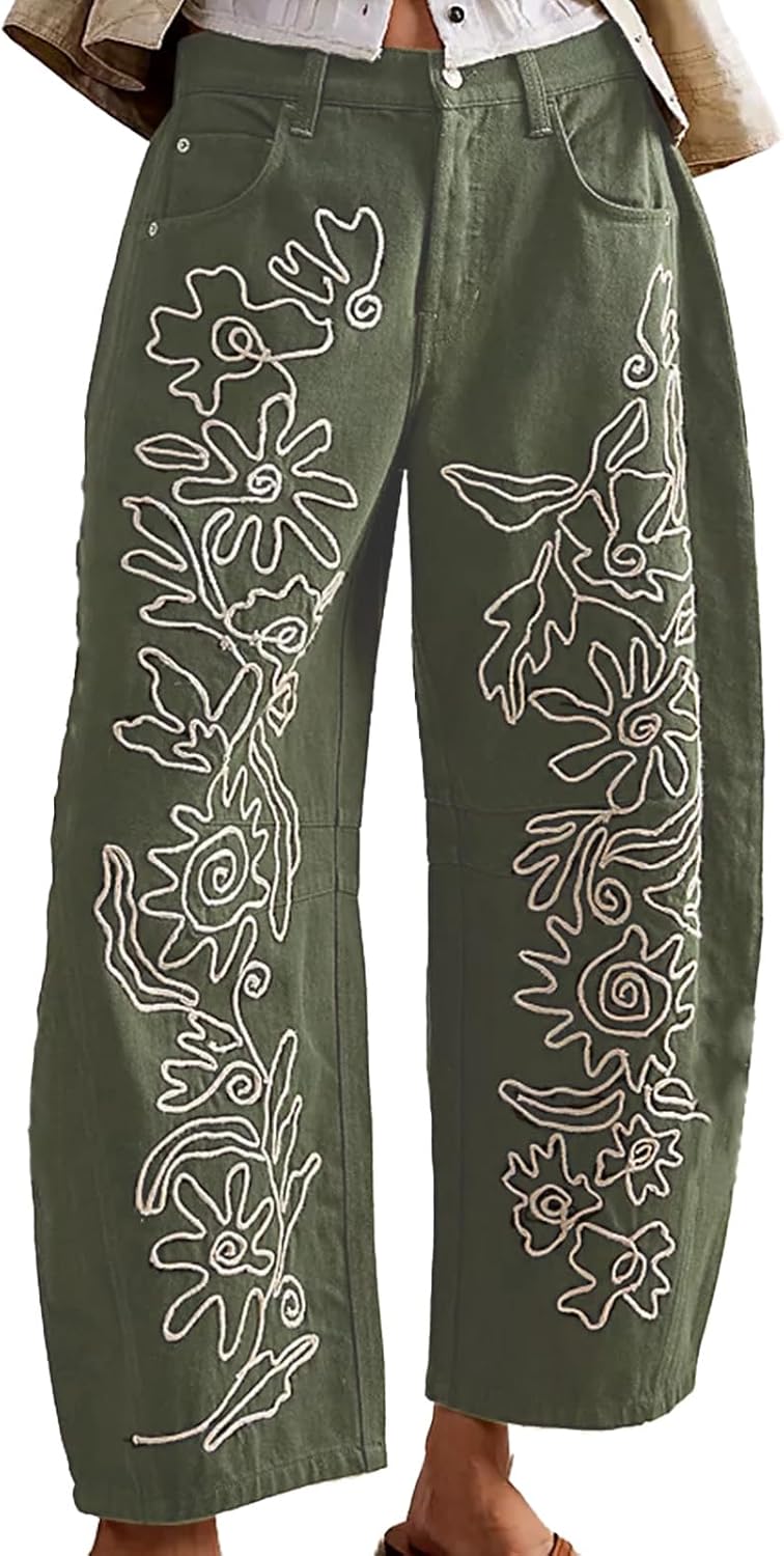 YSW Embroidered Jeans for Women Baggy Boyfriend Jeans Boho Barrel Leg Jeans Women Vintage Mid Rise Jeans