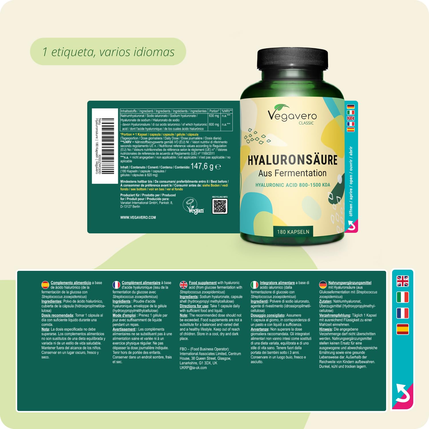 Ácido Hialurónico Puro Vegavero | La Dosis más Alta: 600 mg | Libre de Aditivos & Vegano | 180 Cápsulas | Natural de Fermentación | 800-1500 kDa | Hidratante facial + Articulaciones…