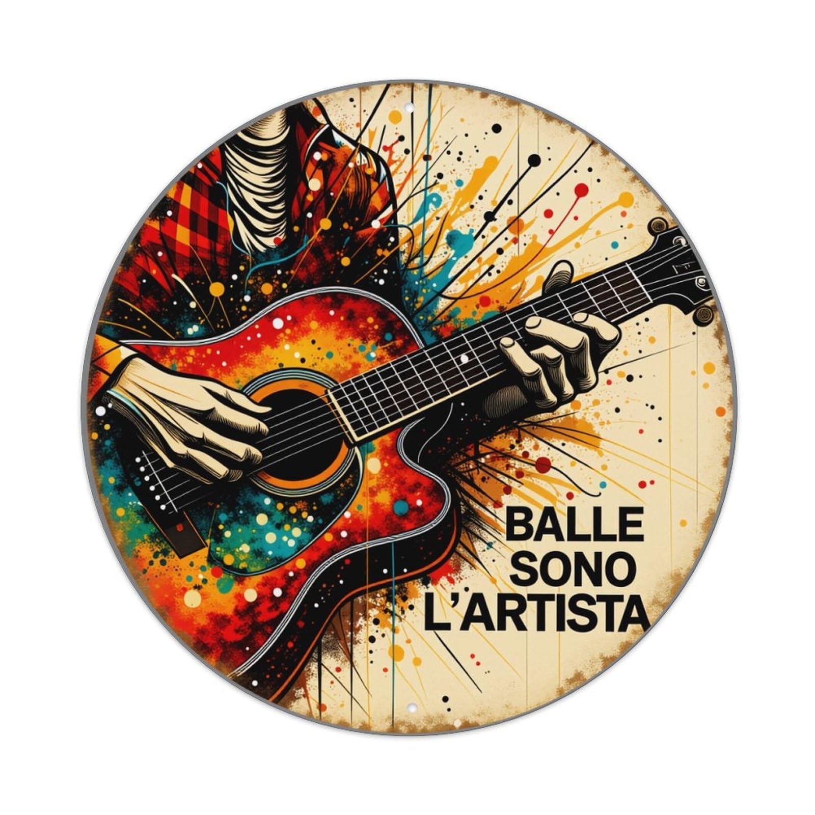 Lzwbntey Vintage Colorful Guitar Music Art Design Metal Tin Sign Retro Wall Decor For Home Bar Garage Cafe, Indoor & Outdoor Decorative，Circle Metal Poster, 8X8 Inch