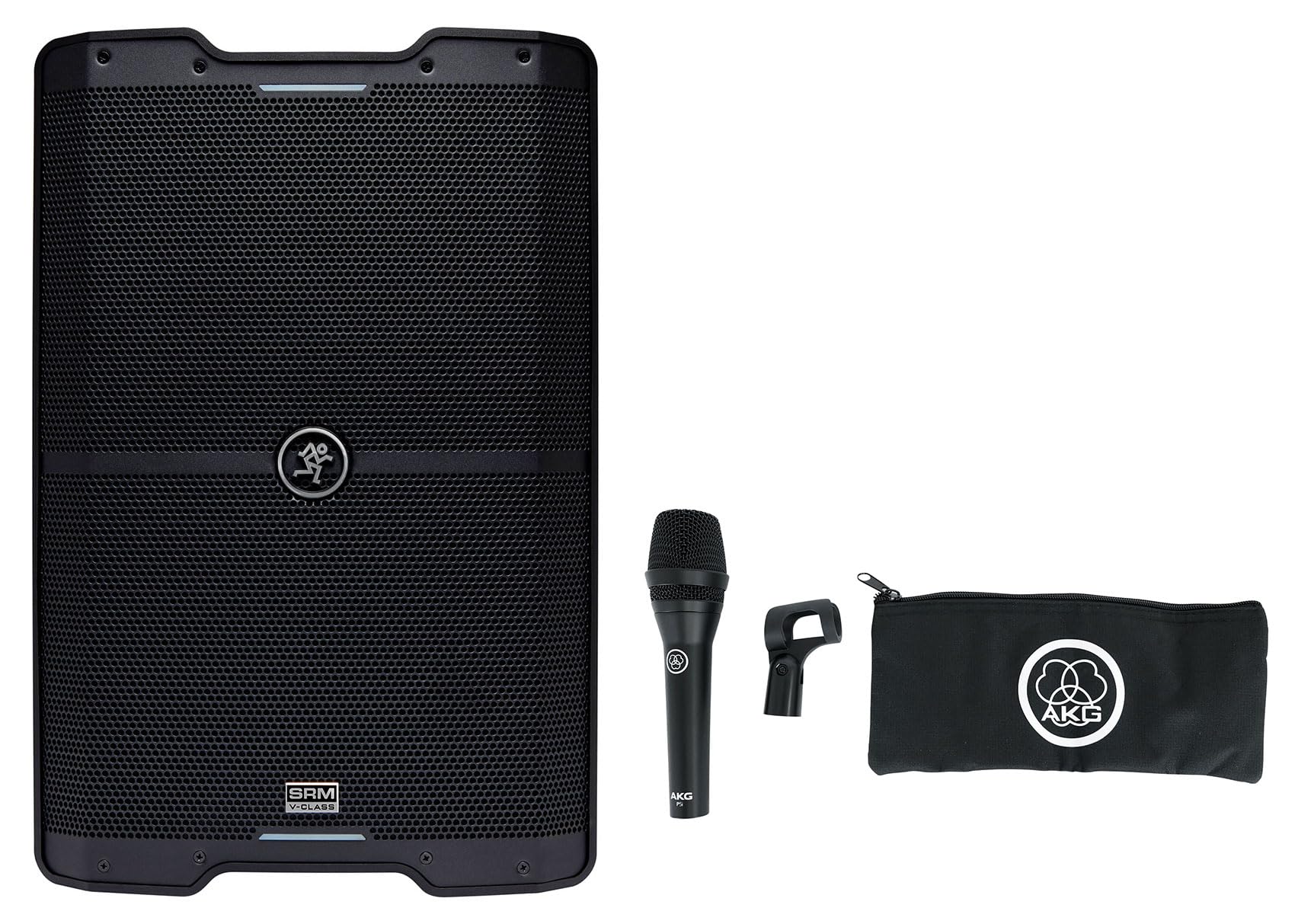 Audiosavings Bundle: (1) Mackie SRM210 V-Class 10 2000 Watt Powered Active PA DJ Speaker w/Bluetooth Bundle with (1) AKG P5i Handheld Dynamic Metal Vocal Microphone Mic (2 Items)