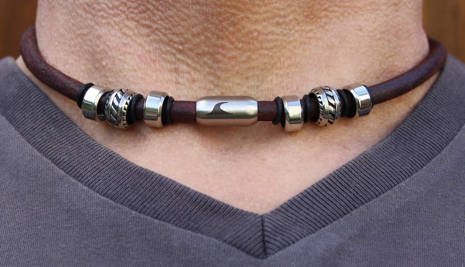 Echt Leder-Halskette Steel R Braun/SI Männer Herren