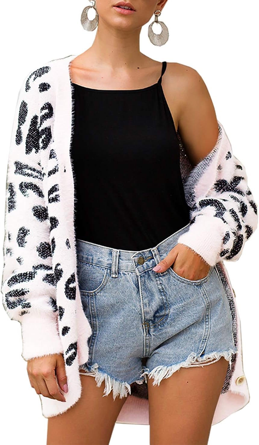 BTFBM Women Fashion Leopard Print Button Down Long Sleeve Soft Loose Knit Sweater Cardigan Coat Fall Winter Outwear