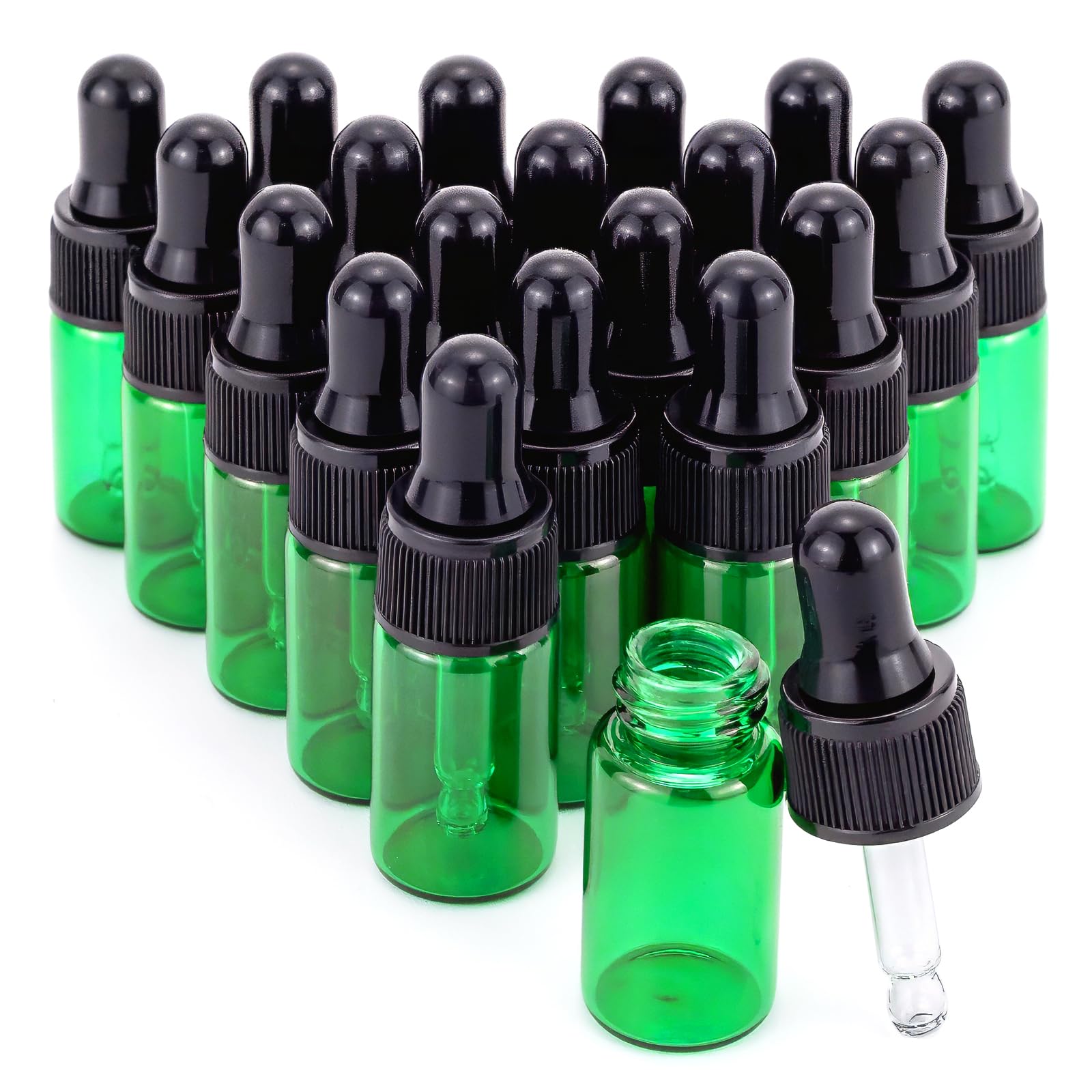 Kesell 20pcs Small Green Glass Dropper Bottles, 3ml Empty Lotion Perfume Sample Vials with Black Cap and Glass Eye Dropper