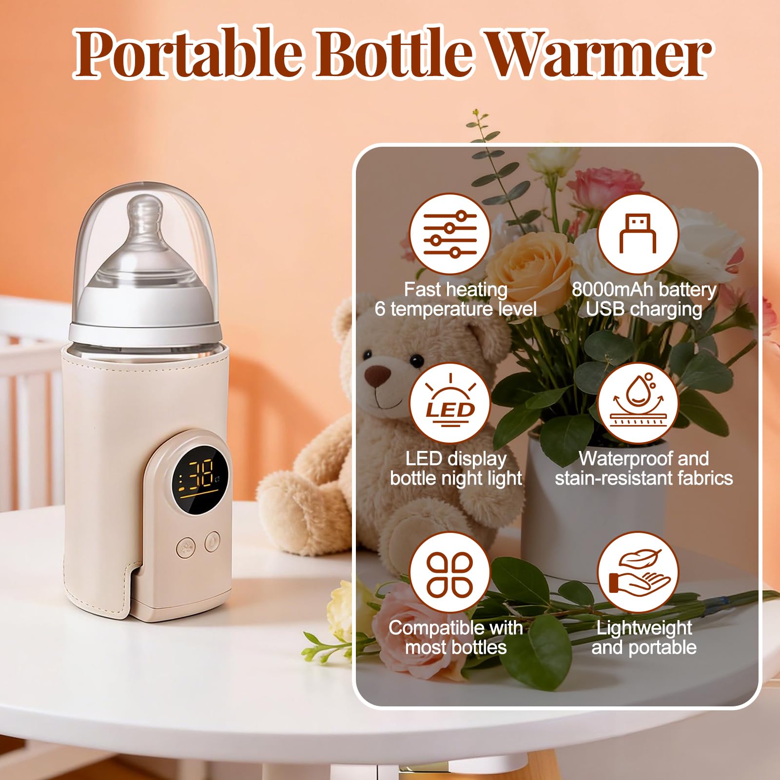 Scaldabiberon Portatile Senza Fili, Scaldabiberon 8000mAh, LED Display, Riscaldamento rapido per biberon, 6 velocità regolabile, Isolamento Termico 24H, Scalda biberon per Casa Viaggi e Outdoor