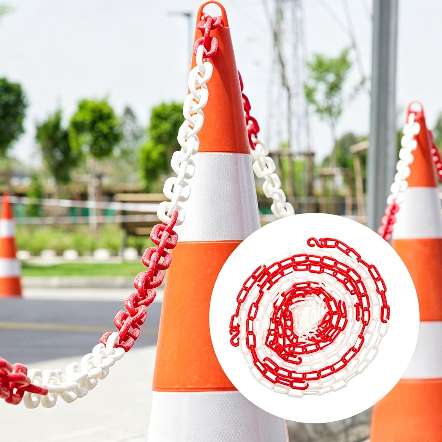 Chaîne De Signalisation En Plastique Rouge Et Blanc,50m Chaîne De Barrière Plastique De 6 Mm d'Épaisseur,Avec 2 Crochets,Pour La Sécurité d'Avertissement, De Parking, De Construction, De Surfaces