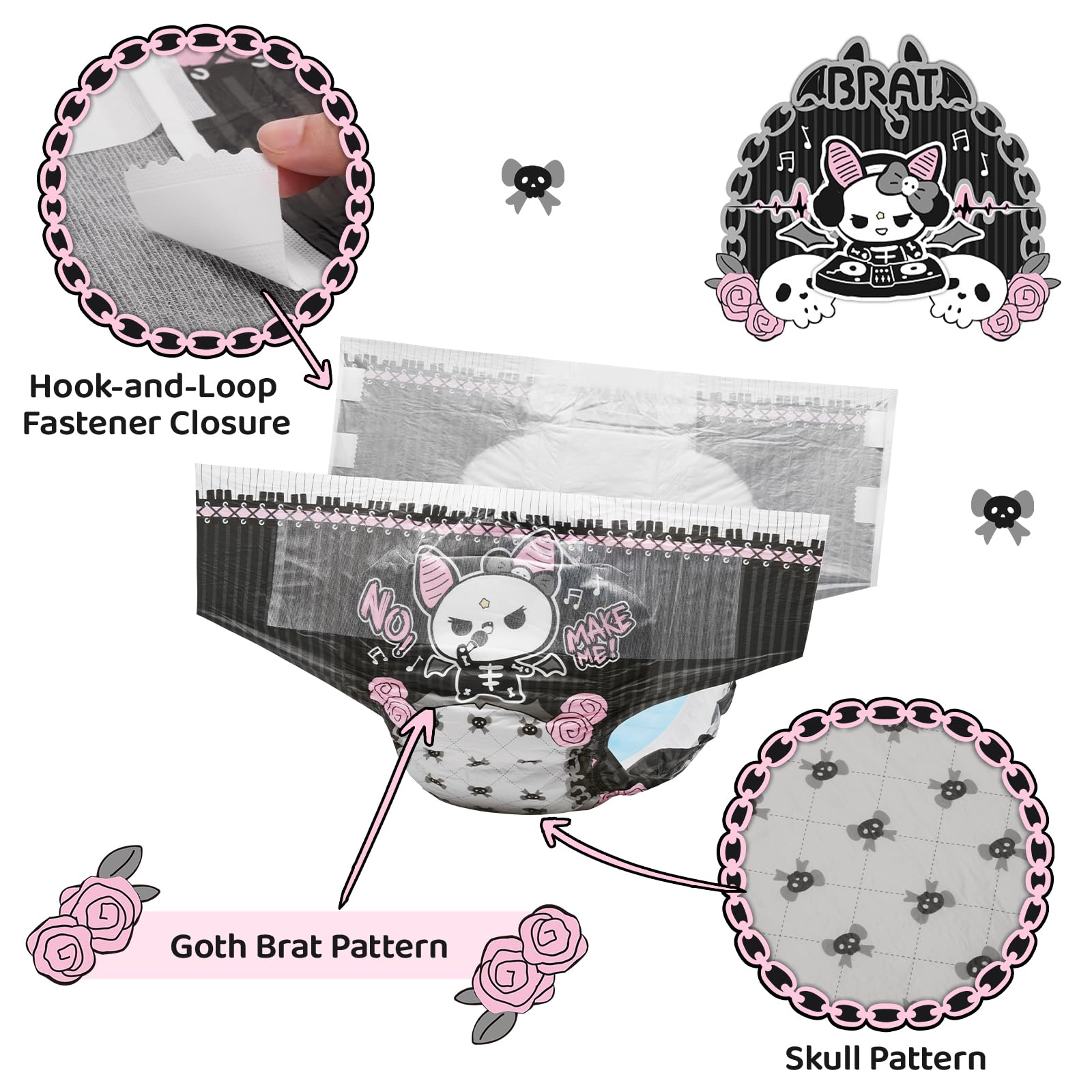 LittleForBig Ultra Saugstark 7000 ml Erwachsenen Gedruckten Windeln 10 Stück - Goth Brat (M)