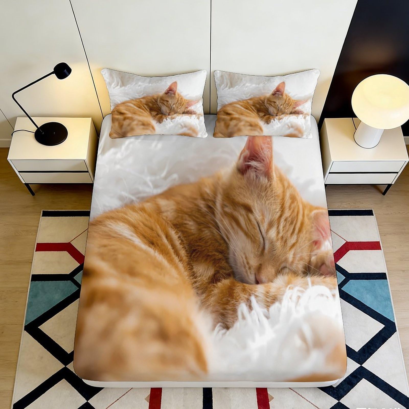 3D Printed Sleeping Cat Fitted Sheet Microfiber Soft Breathable Cozy Kitten Bed Cover for Bedroom Dormitory Guest Room Mattress Protection Decor 120x200x25cm