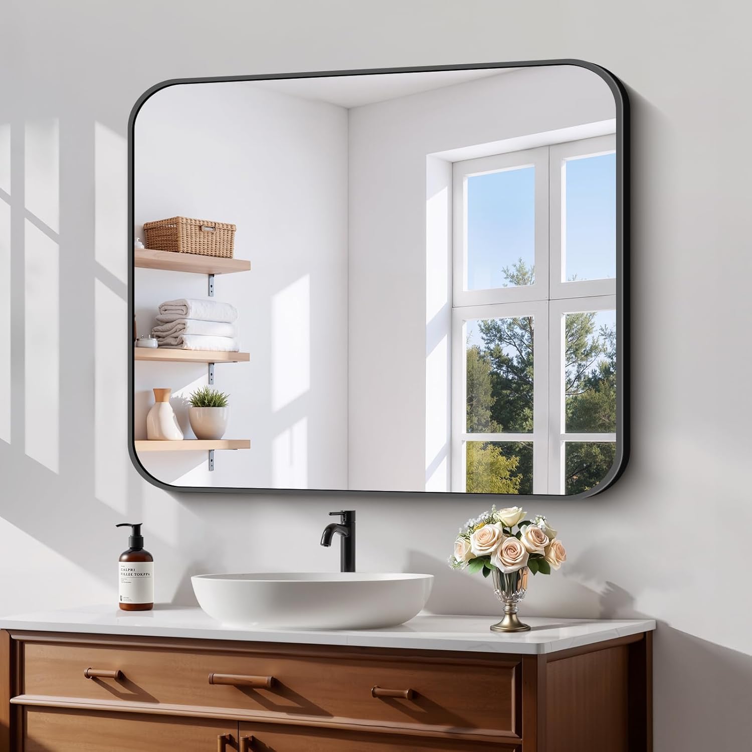 Koonmi Black Framed Bathroom Mirror - 30x36 Inch Shatterproof Tempered Glass Vanity Mirror for Bathroom Sink, Wall Mounted with Matte Aluminum Alloy Frame, No Distortion, Modern Decor Round-edged 36"L x 30"W