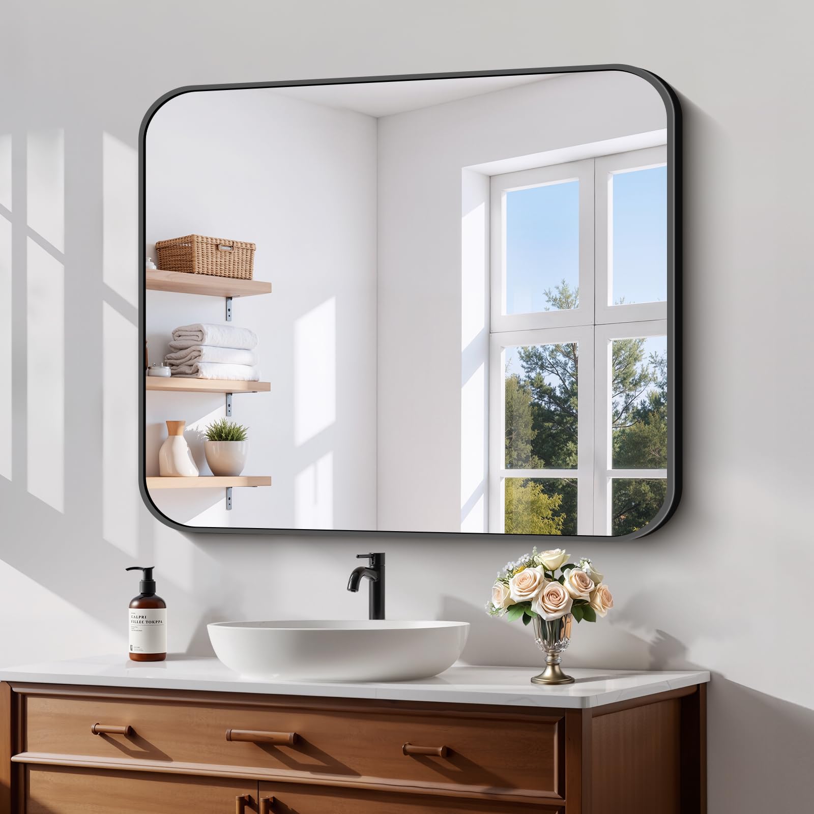 Miroir de salle de bain noir Koonmi 76x91 cm en verre trempé et cadre aluminium