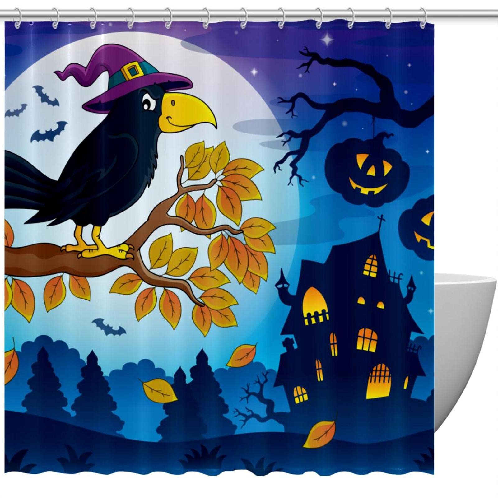 Rideau de douche Halloween citrouille et corbeau pour fêter l'automne en famille