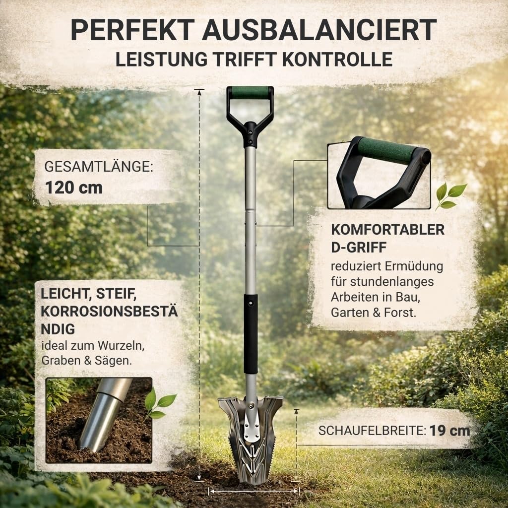 Spaten mit Wurzelsäge für Harte, steinige Böden, 120cm Wurzelspaten mit Breite Trittkante und ergonomischem Griff, V-förmiger Wurzelspaten, Stabiler Gartenspaten für leichteres Graben