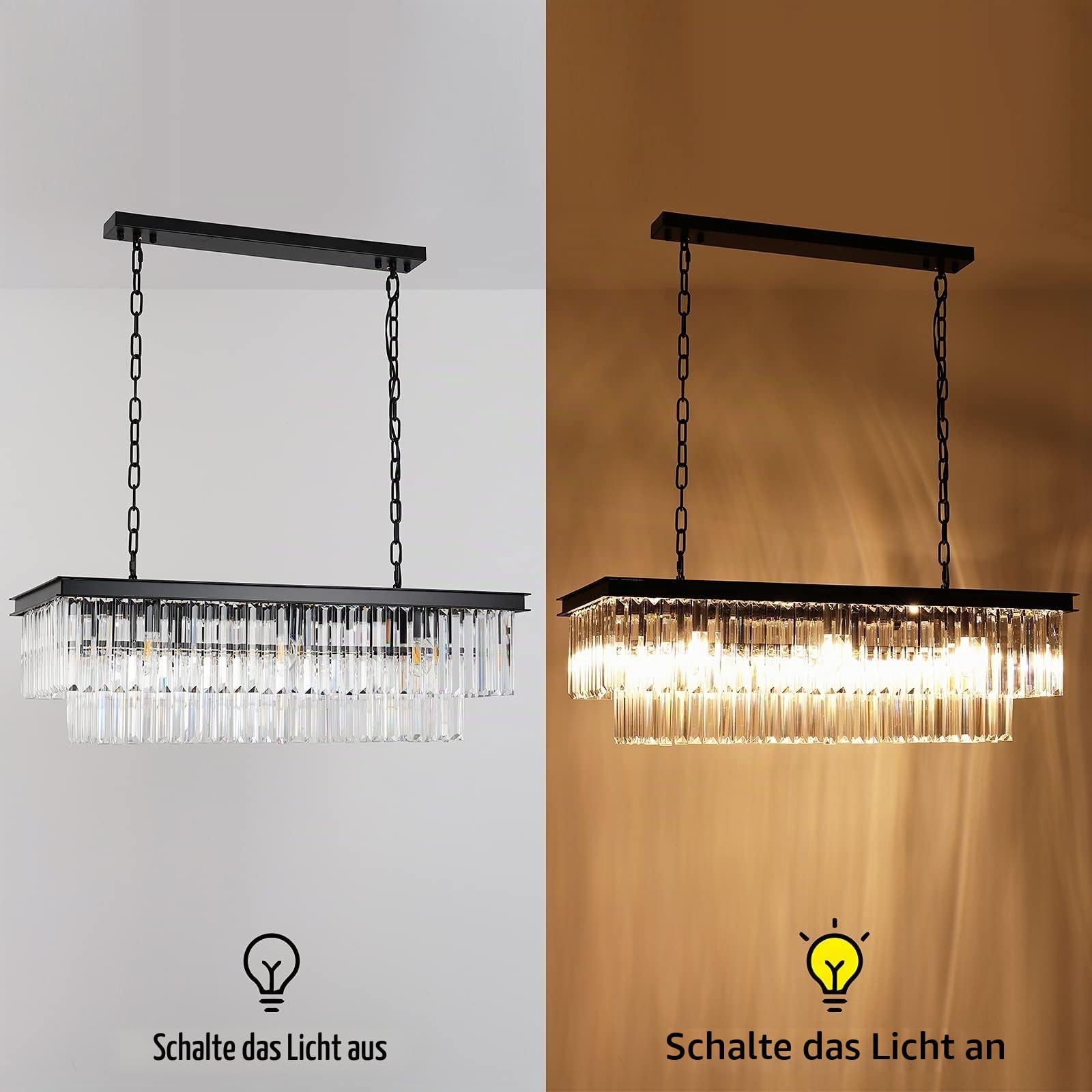 Moderner schwarzer ovaler Kristall-Kronleuchter, E14×8 Lampen, rechteckige große Kristall-Pendelleuchte für Schlafzimmer, Esszimmer,Eingangsbereich, L80cm