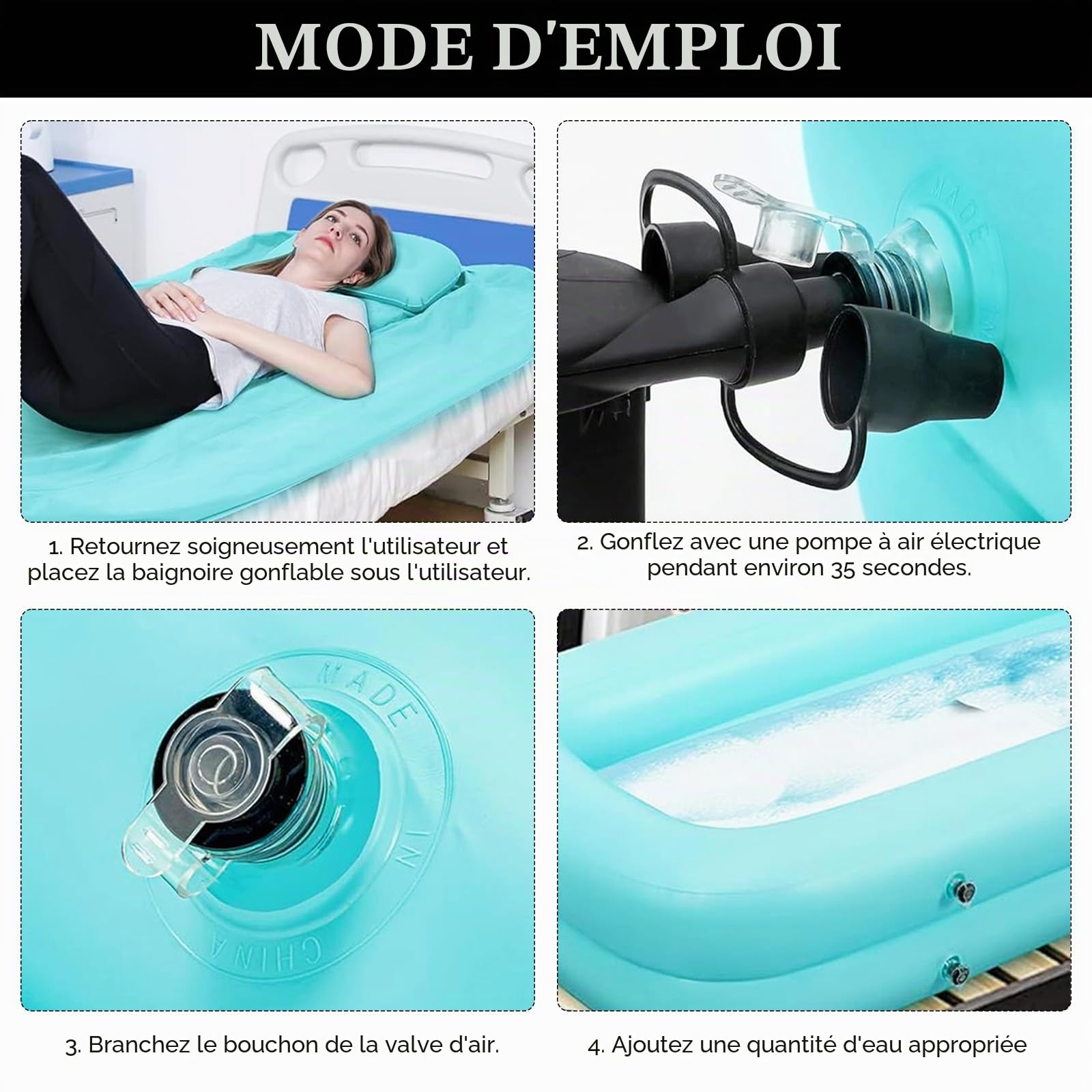Kit de Baignoire Médicale Gonflable, Système de Douche Portable avec Pompe à Air électrique et Sac à Eau