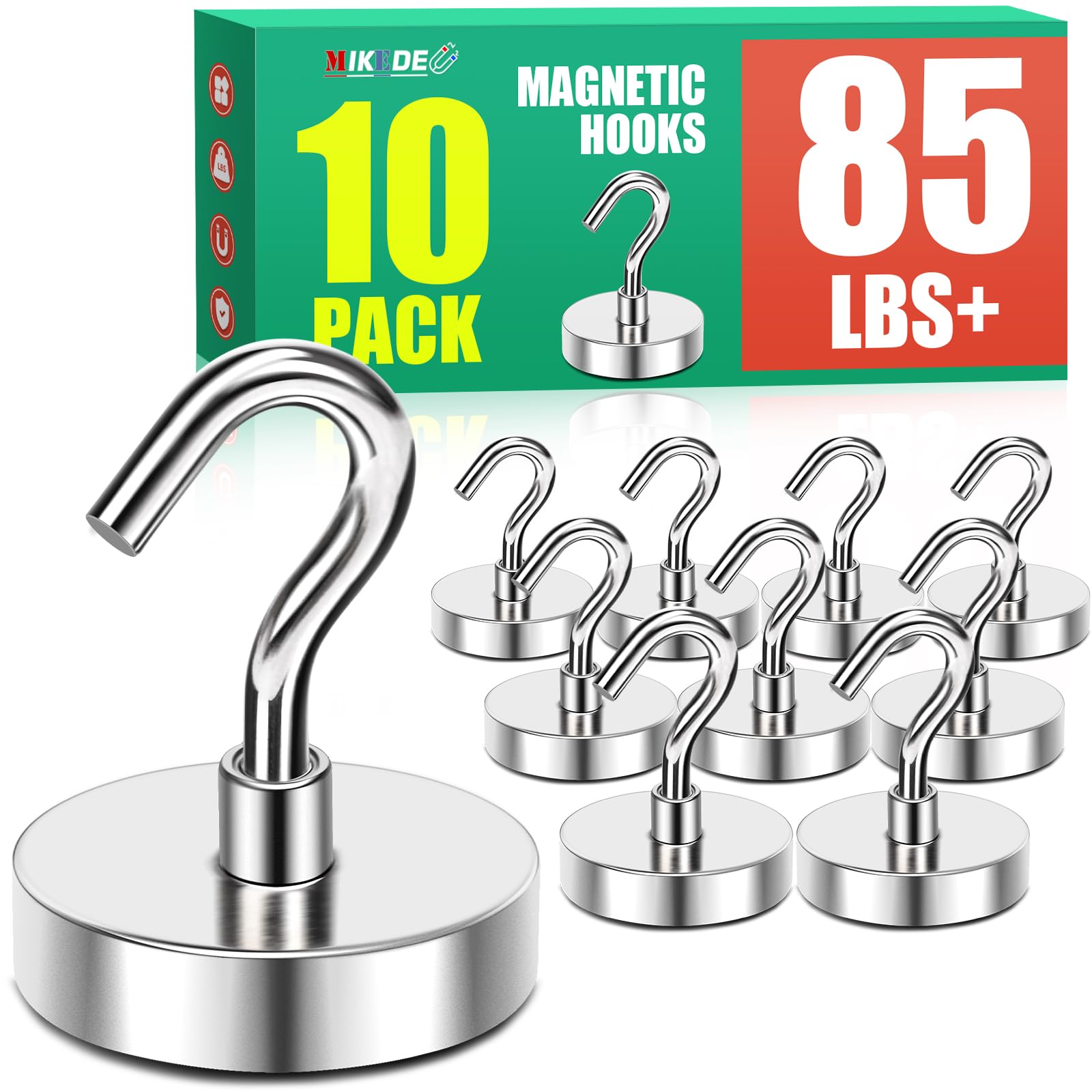 MIKEDE Magnetic Hooks, 85 Lbs Heavy Duty Earth Magnets with Hooks for Cruise Cabin, 10 Pcs Strong Locker Magnetic Hooks for Hanging, Metal Magnetic Hanger for Classroom, Grill, Fridge, Kitchen