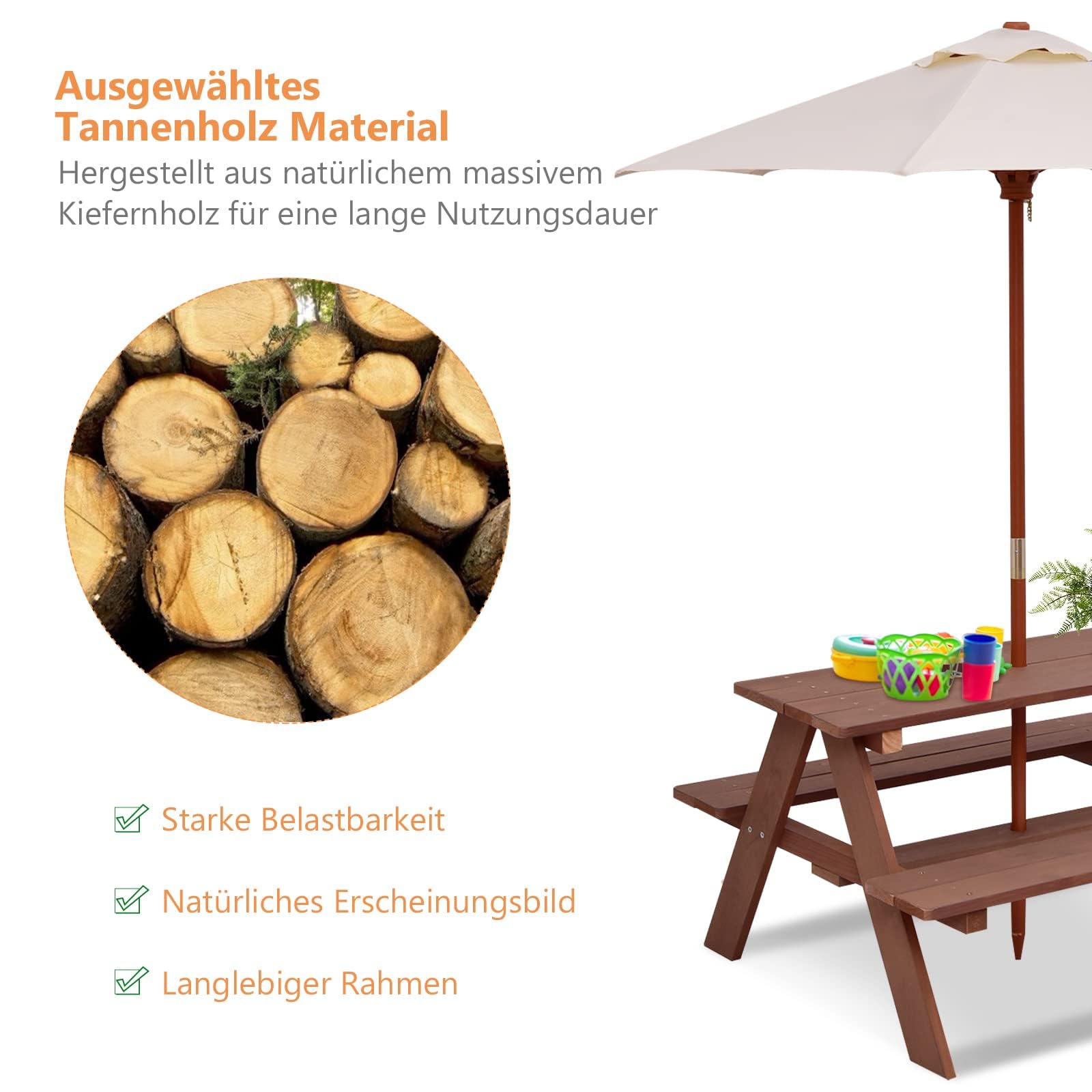 FANTASK Tavola da picnic per bambini con ombrellone rimovibile, tavolo da picnic in legno di abete per esterni