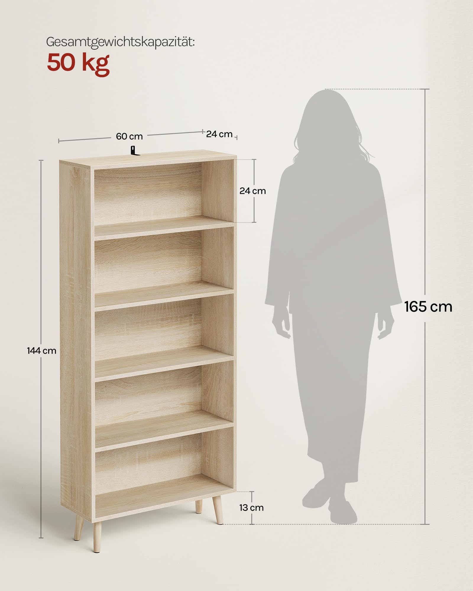 WOLTU Bücherregal Bücherschrank mit 5 Fächern, Standregal Aufbewahrungsregal Büroregal Aktenregal, offenes freistehendes Regal, für Wohnzimmer Küche Büro, helle Eiche, 60x144x24 cm, SK022hei
