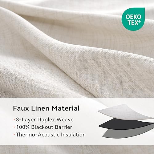Miniatura 4 de 100% Blackout Shield Cortinas opacas de lino para dormitorio, cortinas con aislamiento térmico de 45 pulgadas de largo, juego de 2 paneles de