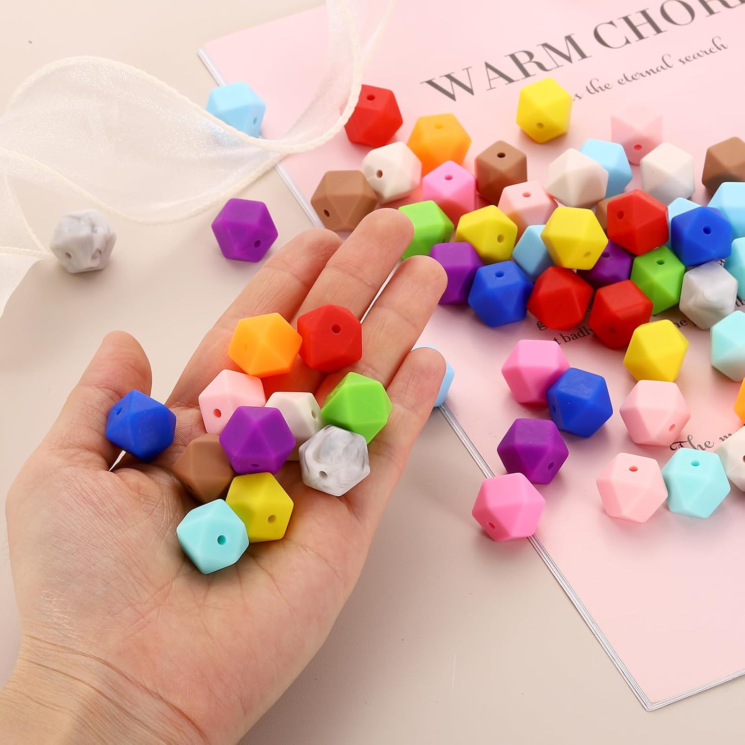 uxcell 50 Pcs Silicone Beads, 17mm Loose Hexagon Rubber Focal Beads Bulk Beads for Keychain Pens Necklace Bracelet Jewelry Making DIY, Orange - Image 4