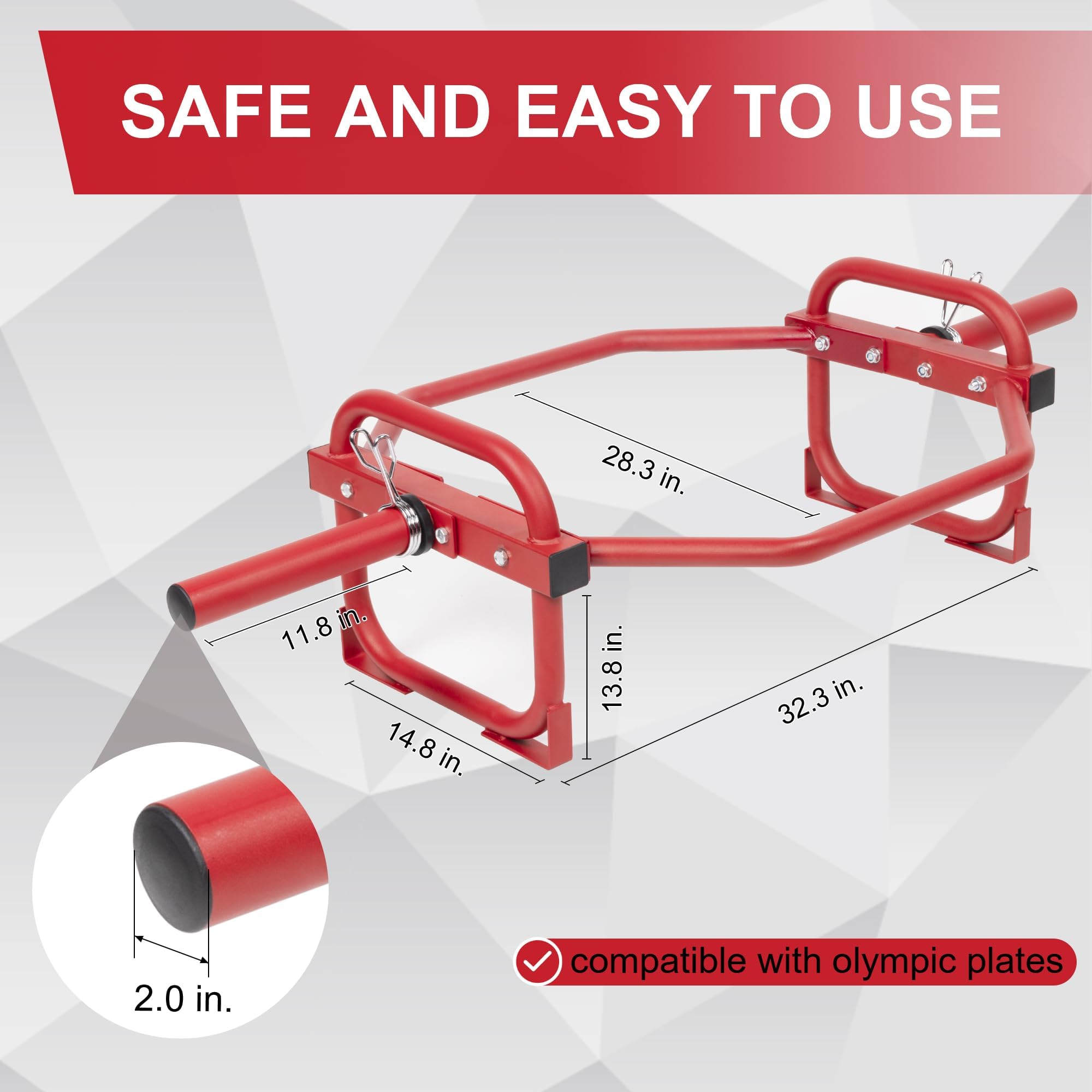 Fitvids Olympic 2-Inch Hex Weight Lifting Trap Bar for Strength Training, 500-Pound Capacity, Safety Clips, Home Gym for Shoulder Presses, Shrugs, Back Rows, Weightlifting, Red