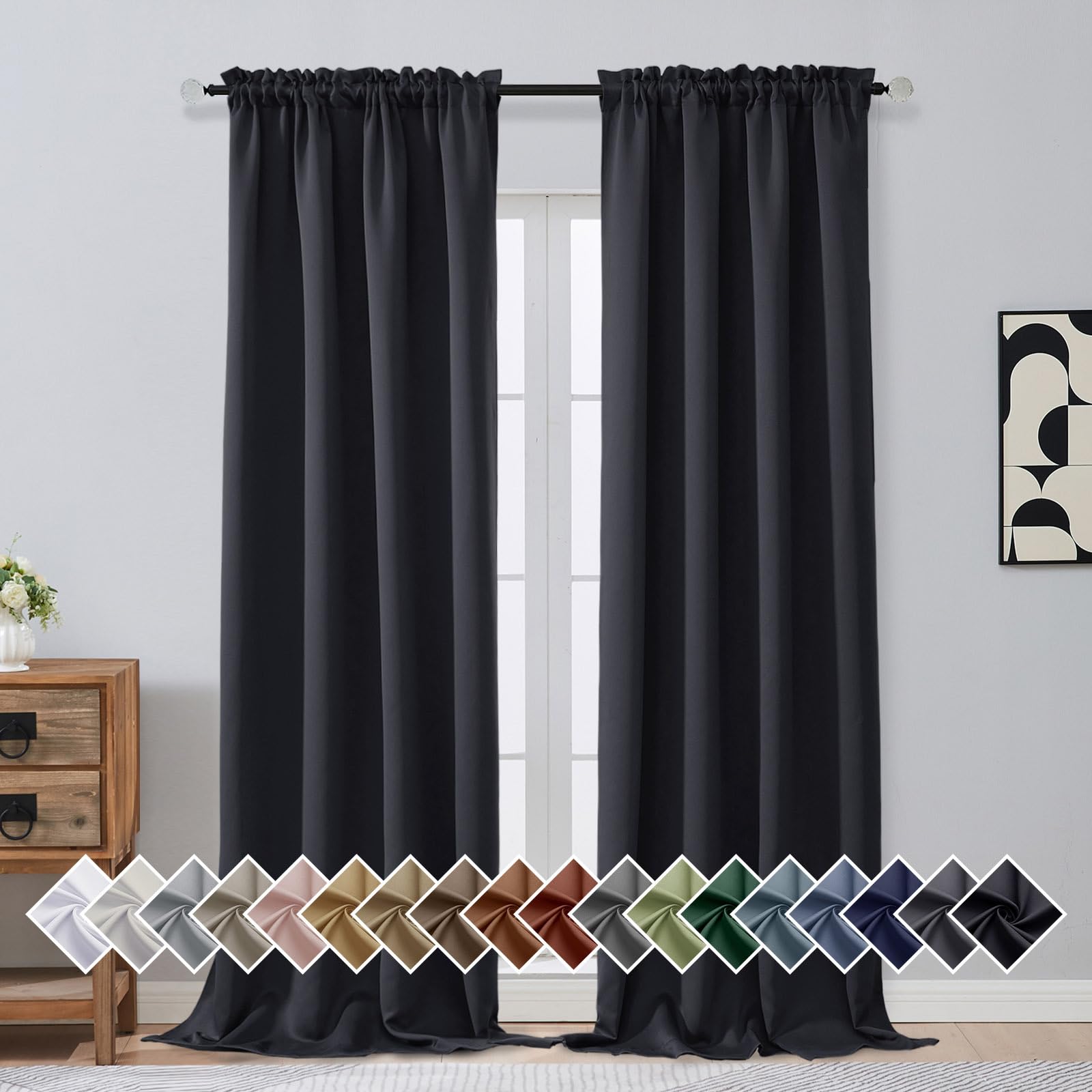 OVZME Black Blackout Curtains for Bedroom 96 Inches Long 2 Panels, Soft Fabric Solid Blackout Curtains, Room Darkening Living Room Window Treatments, Dual Rod Pocket Window Drapes, 2x40Wx96L Inches