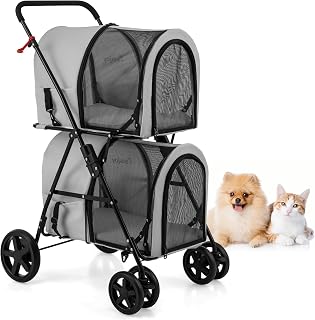 PETSITE Double Dog Stroller, Foldable Pet Stroller for 2 Dogs & Cats Small Medium Sized with Detachable Carrier on Wheels, Ideal for Car Seat Walking Camping Travel (Grey)