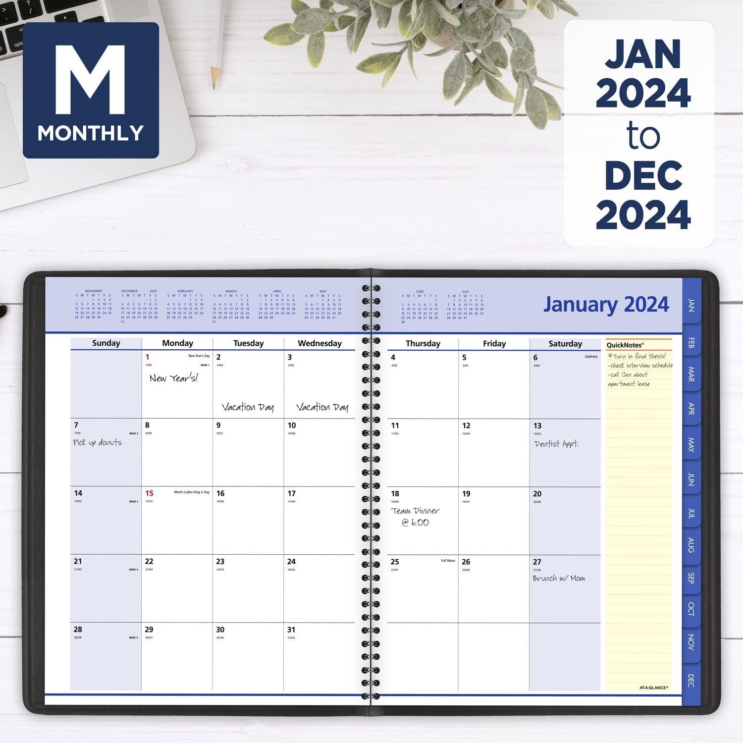 AT-A-GLANCE 2024 Monthly Planner, 8-1/4" x 11", Large, QuickNotes, Black (76060524)
