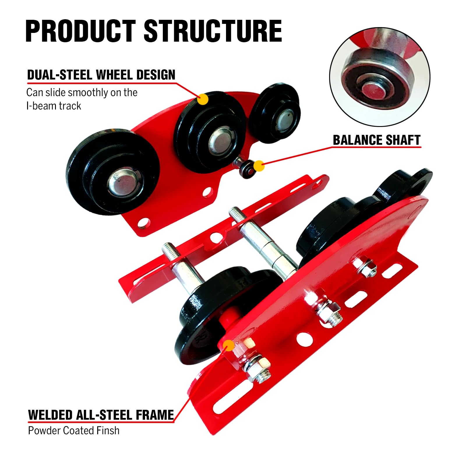 Carrello manuale per I-Beam 997,9 kg con 6 ruote resistenti, con innesti a spinta per paranco elettrico PA200 a PA1000, flangia regolabile da 6,8 cm a 11 cm per sollevamento, capacità di carico di 1