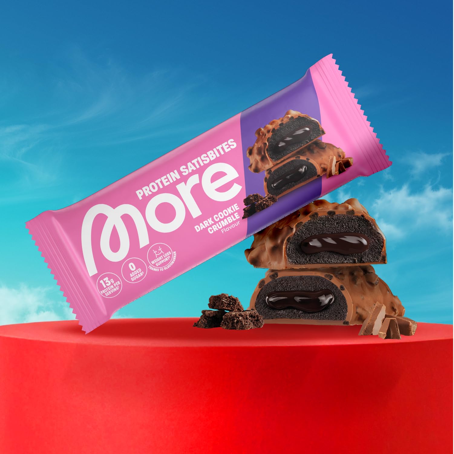 MORE Protein Satisbites, 12er Box Proteinriegel, 12 x 2 x 25 g, Dark Cookie Crumble, bis zu 16 g Protein pro Portion, ohne Zuckerzusatz, made in Germany - 2