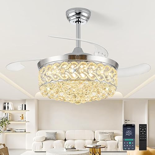 Miniatura 11 de Ventilador de Techo Fandelier de Cristal de 48" con Luz, Ventiladores de Techo Retráctiles Araña Ventilador con Aspas Retráctiles LED Regulable