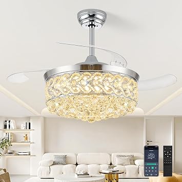 TXCSLY 48 Crystal Fandelier Ceiling Fan with Light, Retractable Ceiling Fans Chandelier Fan with Retractable Blades Dimmable Crystal Ceiling Fan Chandelier Fans for Bedroom Living Room-Chrome