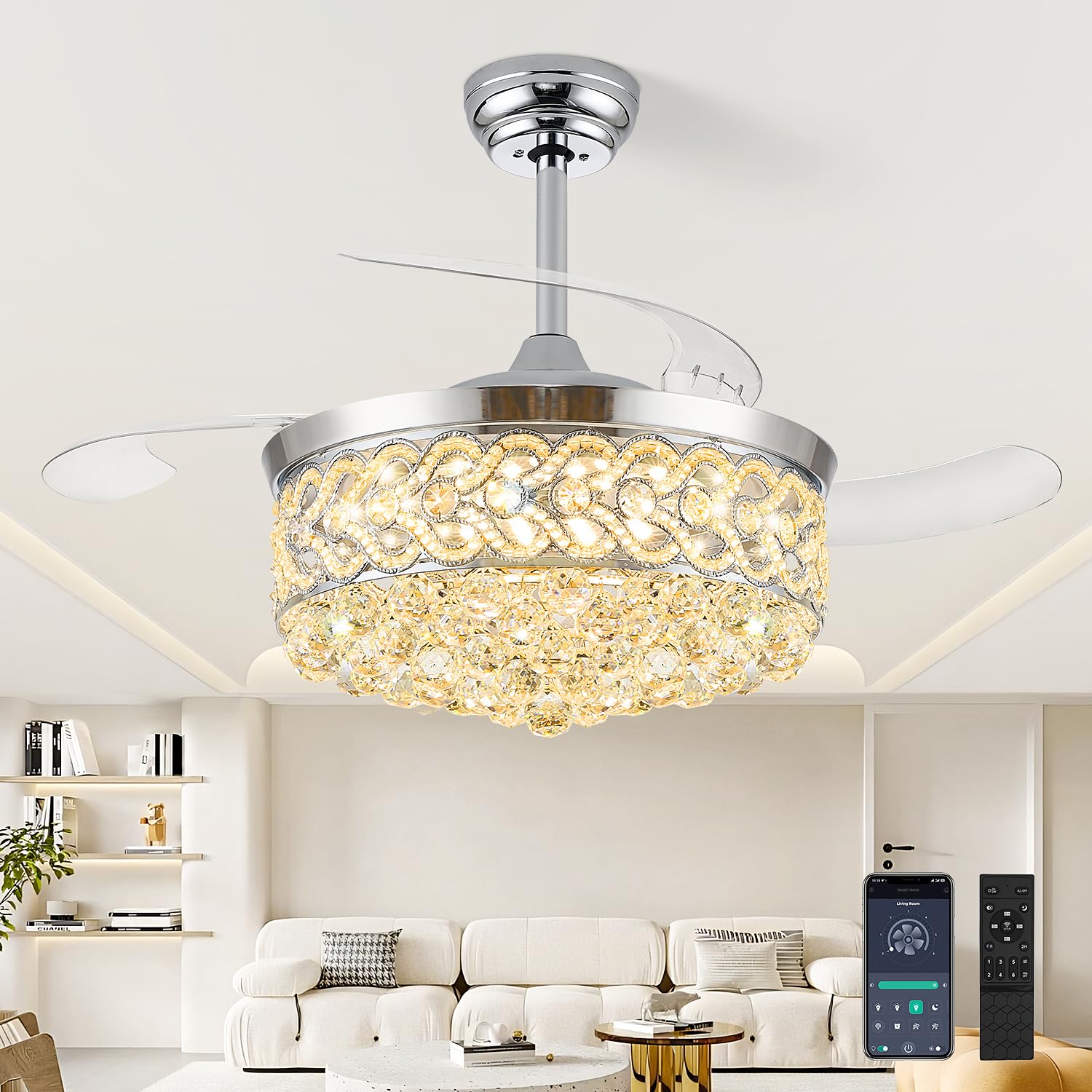 TXCSLY 48“ Crystal Fandelier Ceiling Fan with Light, Retractable