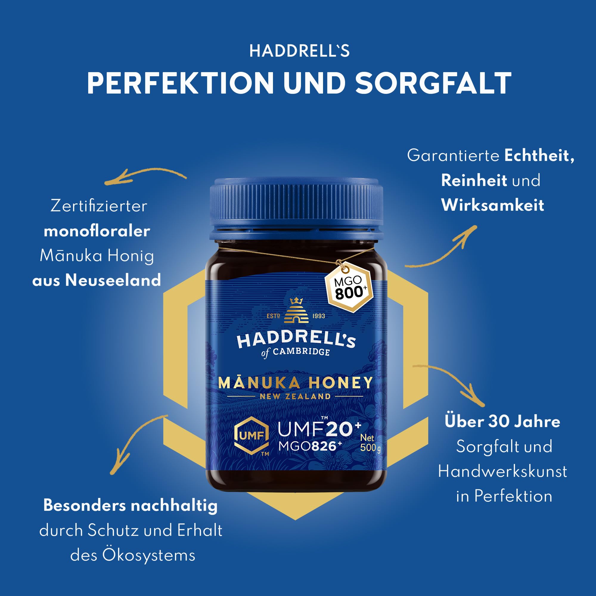 Haddrell's of Cambridge Manuka Honig 800+ MGO UMF 20+ 500 g | zertifizierter Manukahonig aus Neuseeland, reich an Methylglyoxal, nachhaltig und roh, für Frühstück und Tee