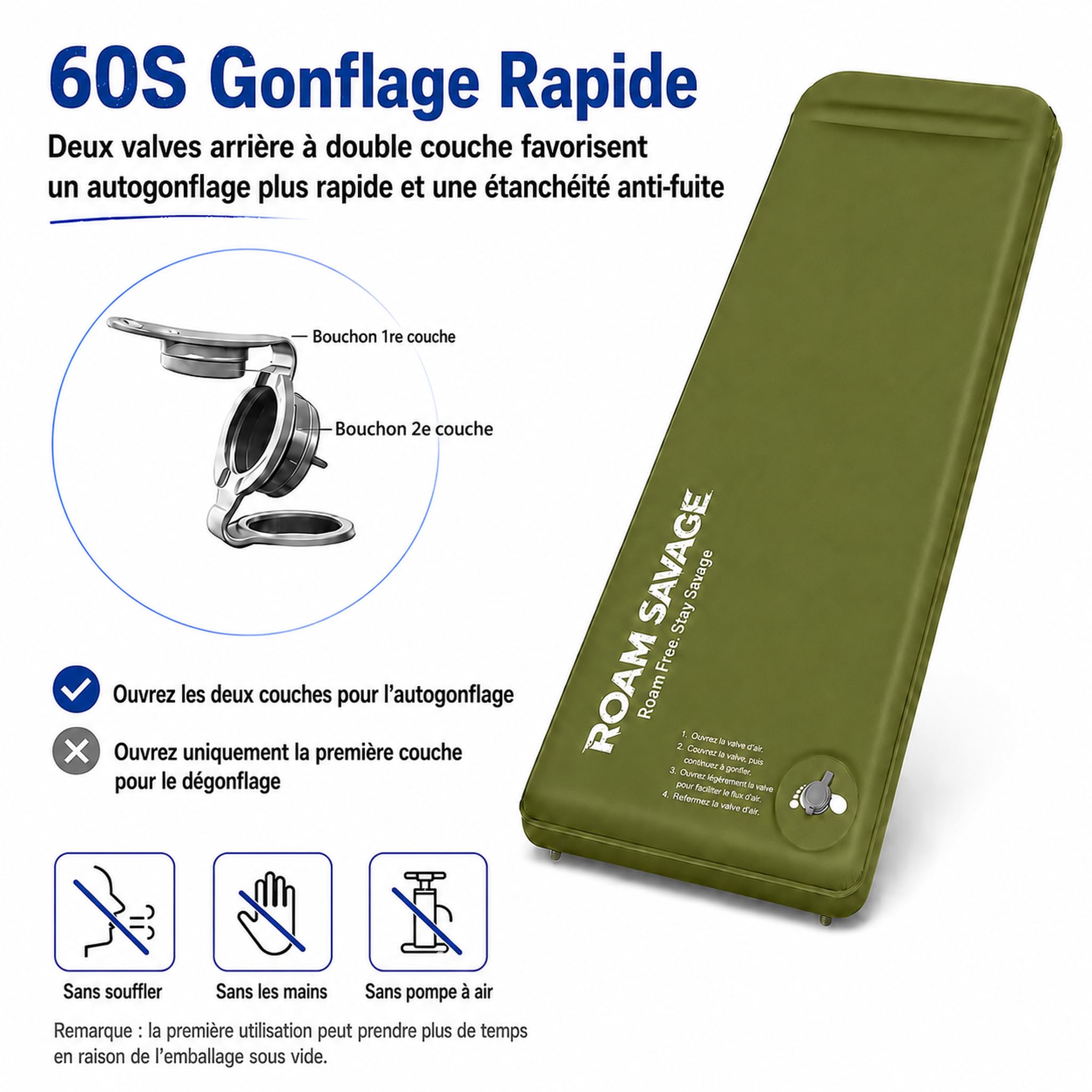 ROAM SAVAGE Tapis de camping autogonflant avec oreiller intégré, léger
