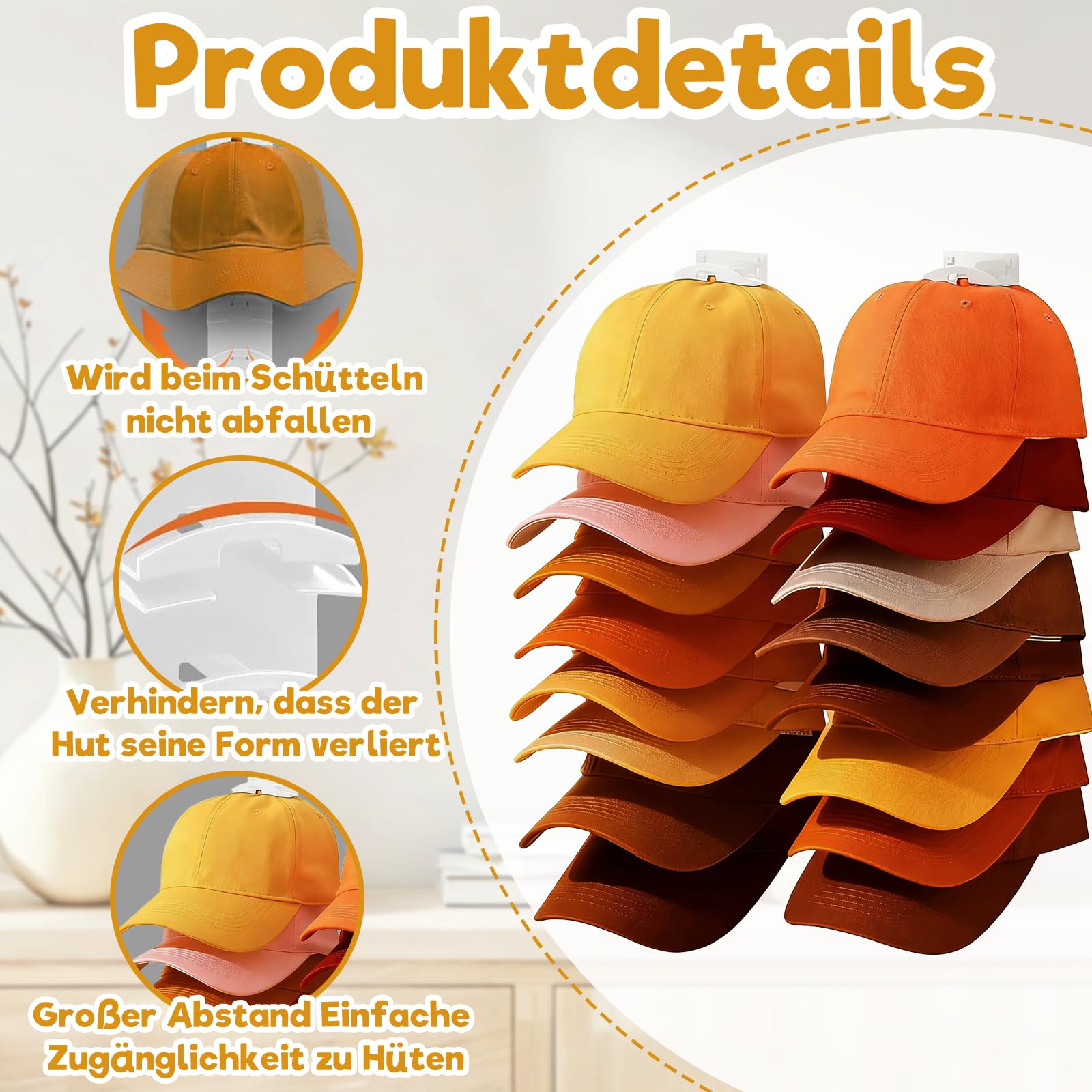 Kappenhalter – 2er-Pack selbstklebende Kappenhalters für bis zu 20 Kappen, praktische Kappenhalter für die Wand zur ordentlichen Aufbewahrung, Baseballkappenhalter für Kleide