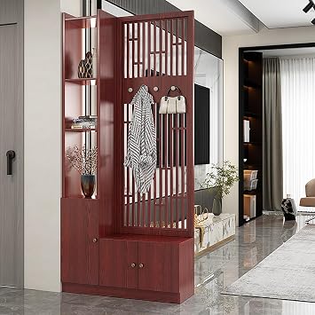 Wood Room Divider Screen with Storage Cabinet, Wall Room Divider Storage Cabinet Storage Display with Shelves and Coat Rack for Home Office Bedroom DecorativeRed