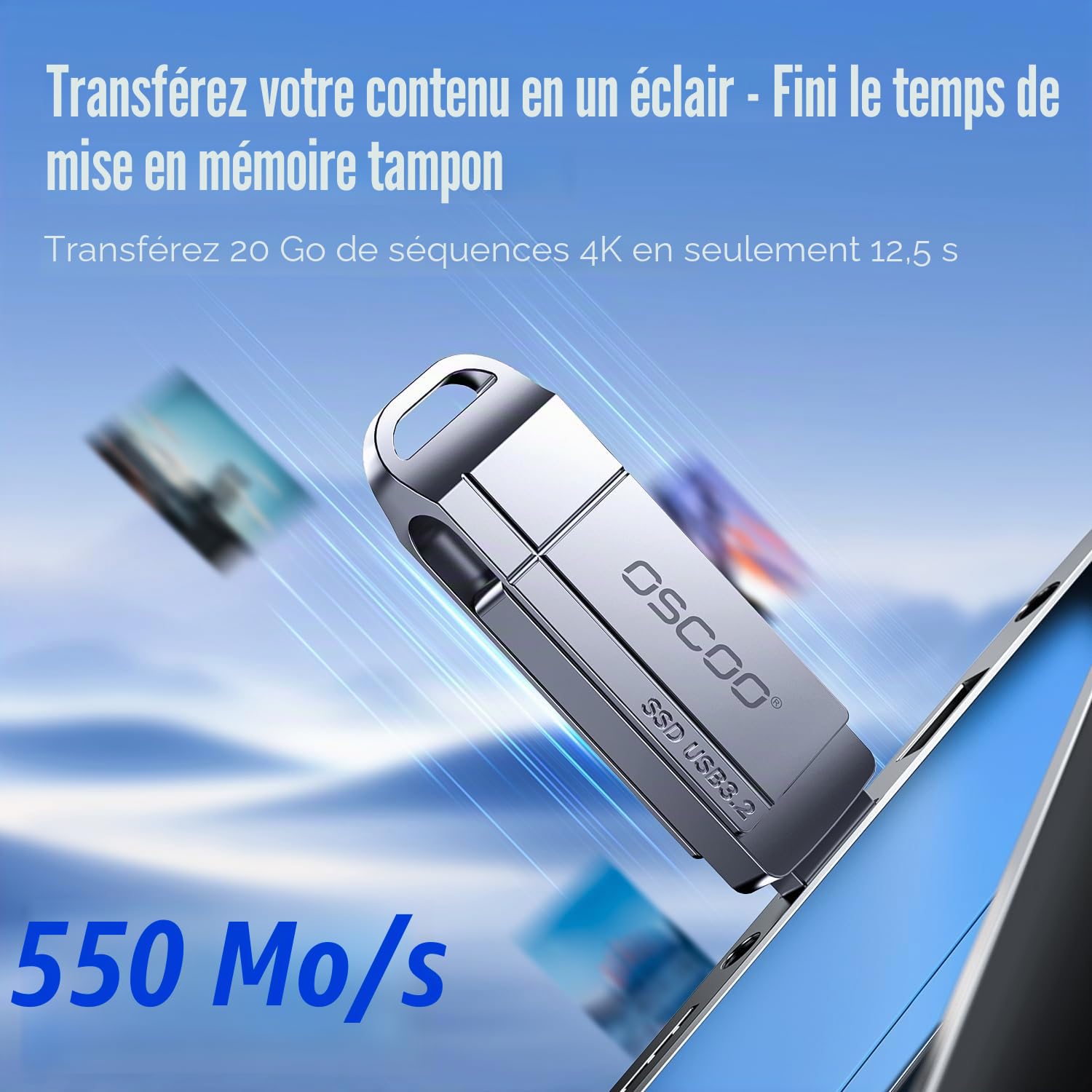 256Go Dual SSD USB Flash Drive,USB-A USB-C 550Mo / s Clé USB,Métal Pivotant