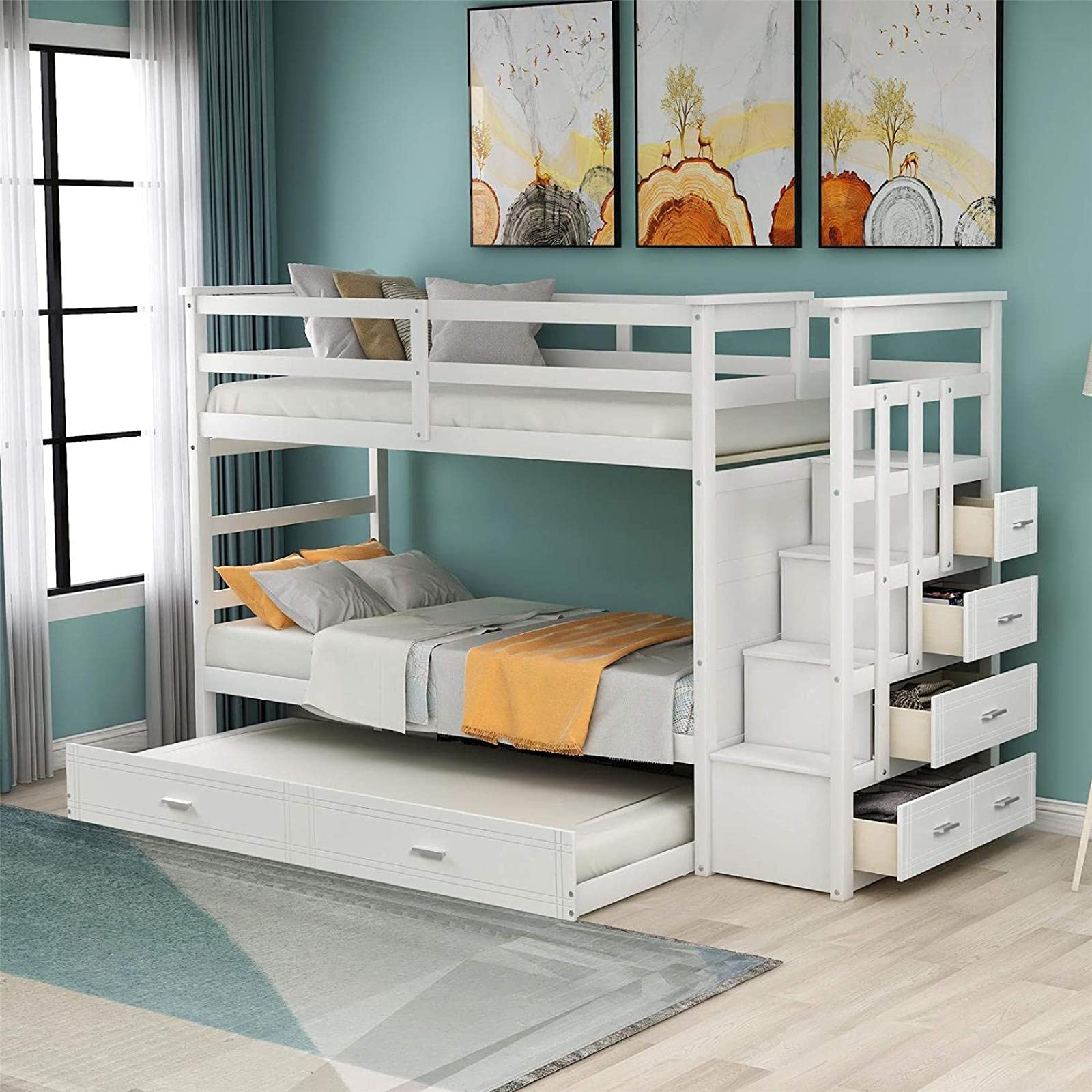 Newest Bunk Bed Twin Over Twin with Pull-Out Trundle, Storage Triple Bunk Bed, Wooden Bunk Bed Frame for Kids, White