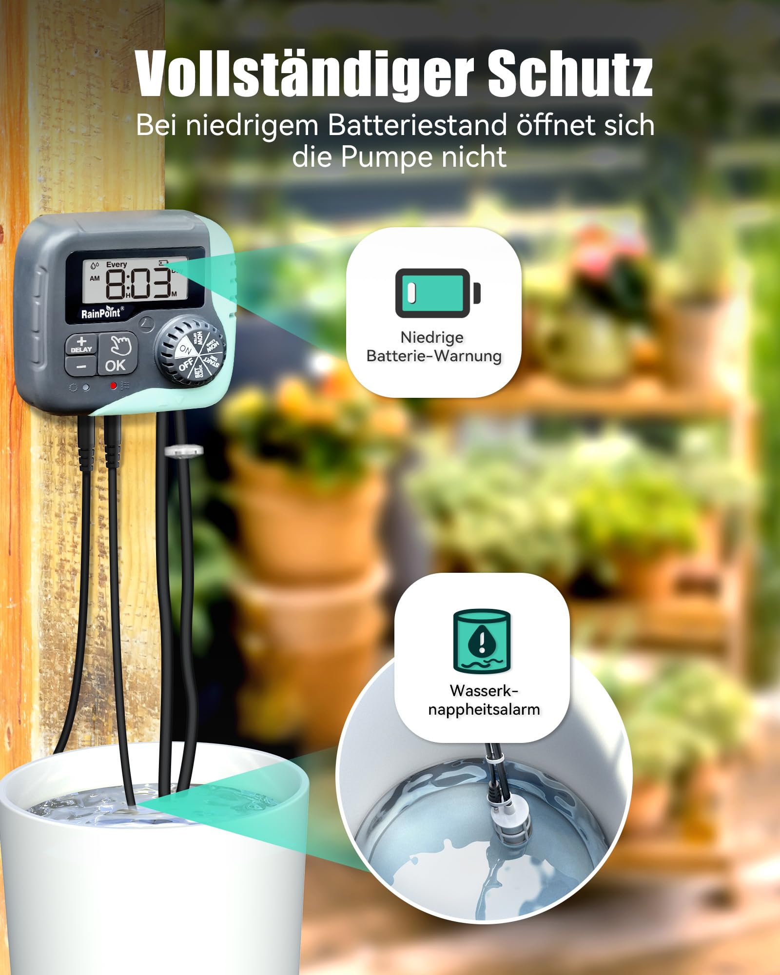 RAINPOINT Kit de Riego por Goteo Automático Solar, Sistema de Riego Automático de 45L/H con Bomba Programable, Batería de 2600mAh, para Macetas Vacaciones, Balcón, Jardín