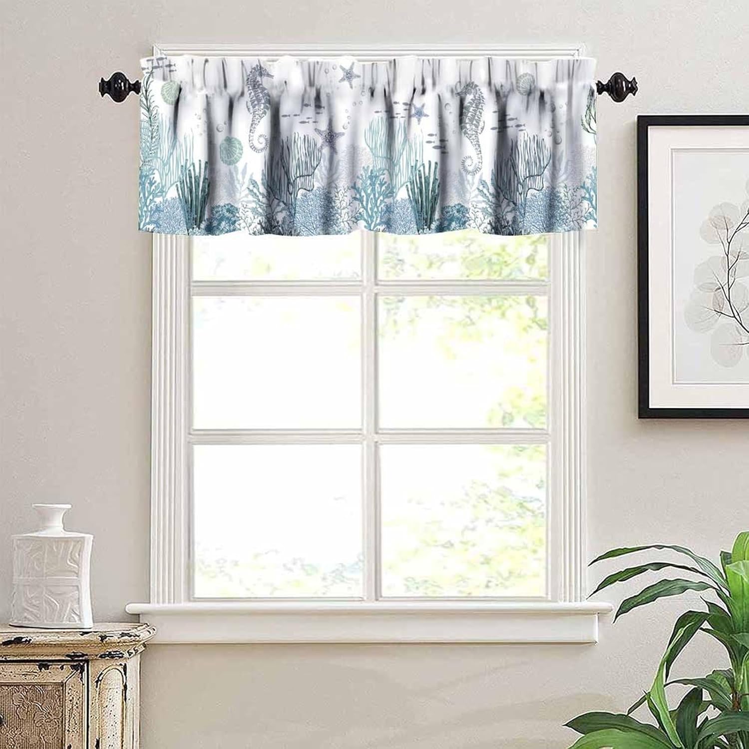 Nautical Coastal Kitchen Window Valance Curtains, Vintage Nautical Beach Starfish Seashell Blue Summer Ocean Window Treatment Valances for Bedroom Living Room Café Décor 54x18inch - Image 3