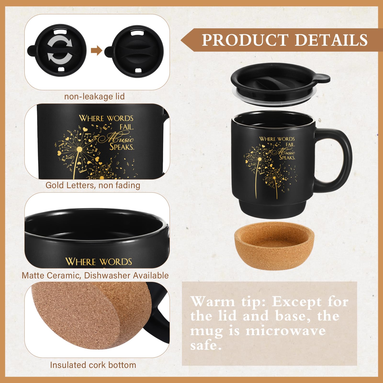 SiliFine 4 Pcs Music Lover Gifts Women Men 15 oz Musician Coffee Mug with Lid Leather Journal Notebook Candle and Pen Set Music Teacher Thank You Gift for Piano Students Birthday Retirement(Black)