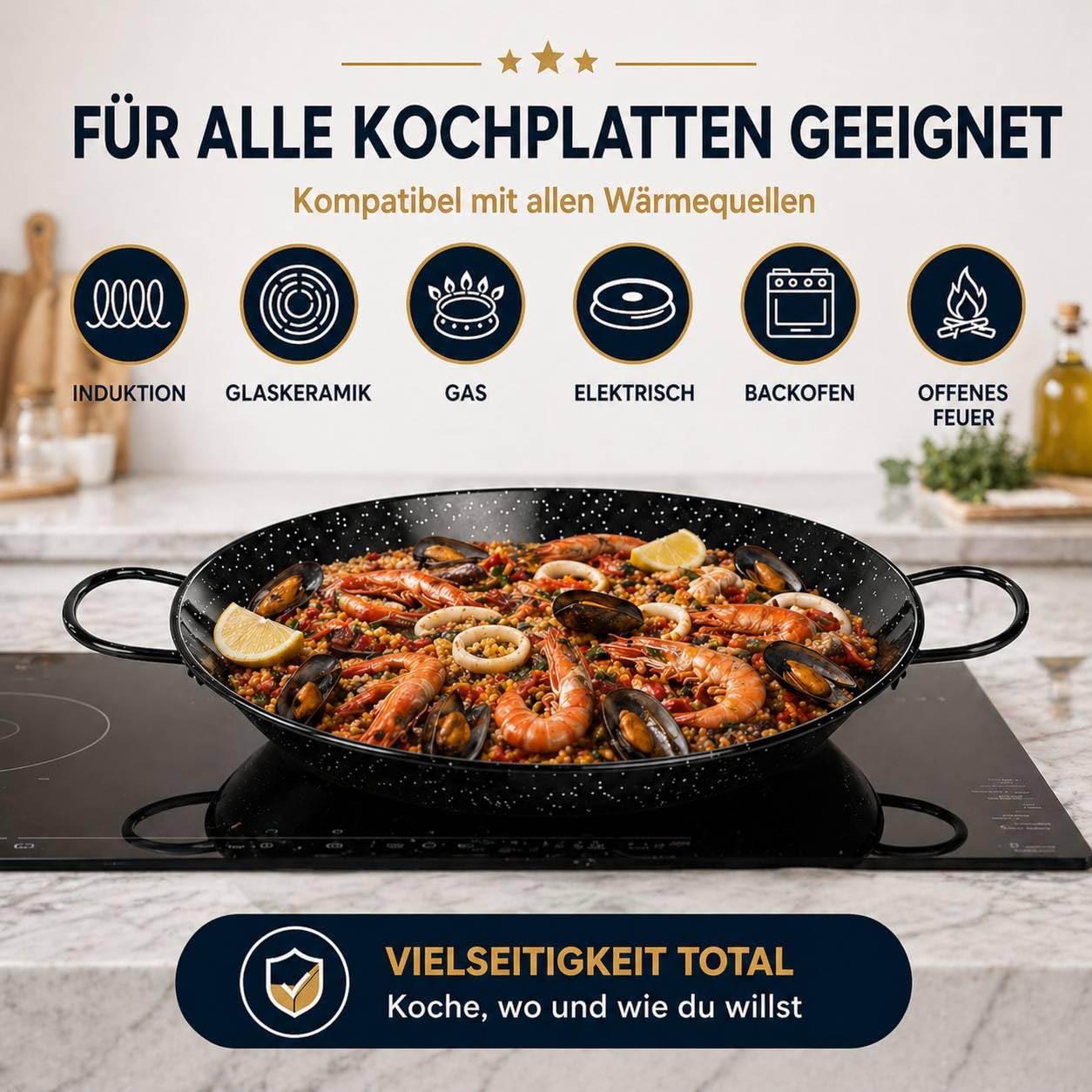 TEHORNEO Paella Pfanne Induktion, Paella Pfanne 36 cm Emaillierter Stahl 6-7 Portionen, Paellapfanne, Paella Grill, Paellera Geeignet für Induktion, Feuer und Vitrokeramik