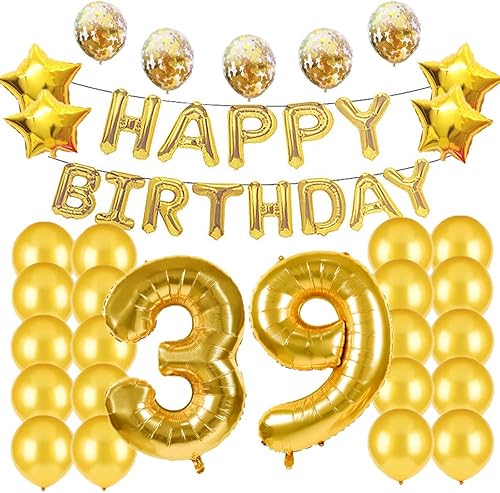 Decoraciones de cumpleaños número 39, suministros para fiestas, globos dorados de 39 cumpleaños, globos de Mylar número 39, decoración de globos de