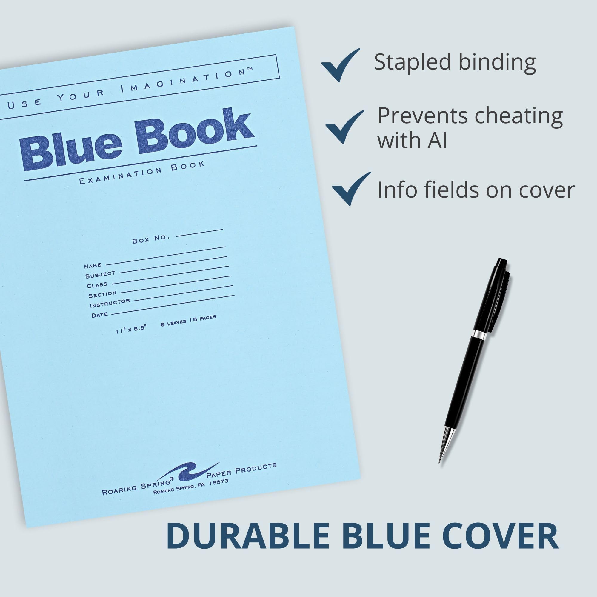 ROARING SPRING Lot de 50 cahiers d'examen bleu de test avec marge, 27,9 x 21,6 cm, 8 feuilles/16 pages, couverture bleue
