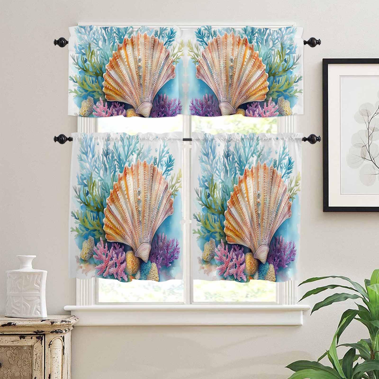 Coastal Beach Kitchen Curtains 36 Inch Length, 3 Piece Rod Pocket Small Half Tiers and Valance Set, Summer Ocean Colorful Shell Coral Small Large Window Treatment Decor for Bedroom/Bathroom Sink