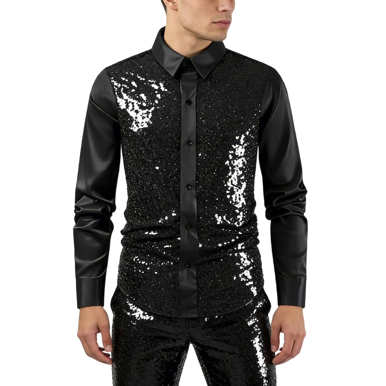 Camisas Hombre Manga Corta Camisa de Manga Larga con Detalles metálicos y Lentejuelas para espectáculos en Escenario y Eventos Festivos