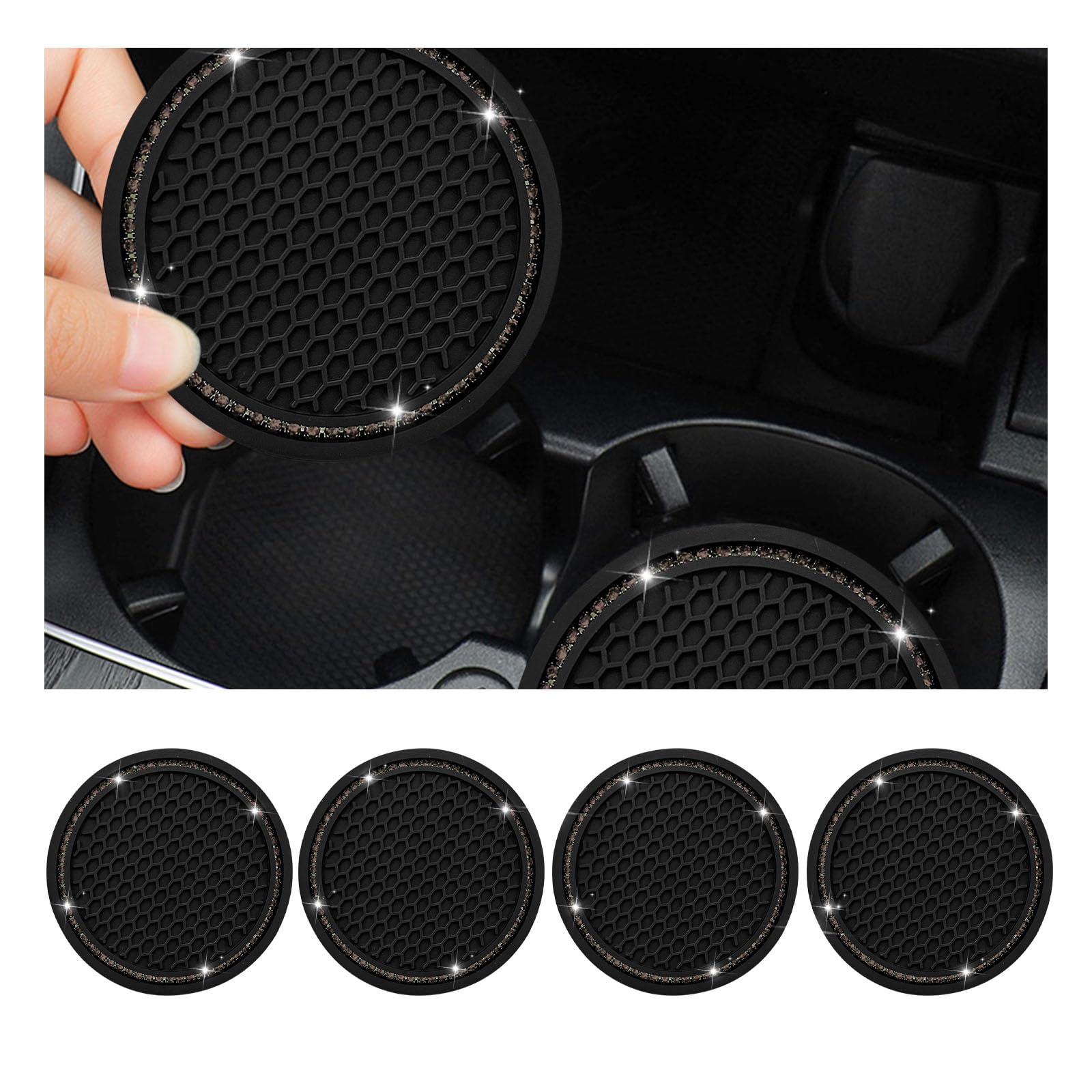 4 PCS Bling Car Cup Coaster, 2.75 Inch Crystal Rhinestone Auto Cup Holder Insert Coaster, Anti-Slip Durable Car Drink Cup Mat, Universal Vehicle Interior Decor Accessories (Black & Gray)