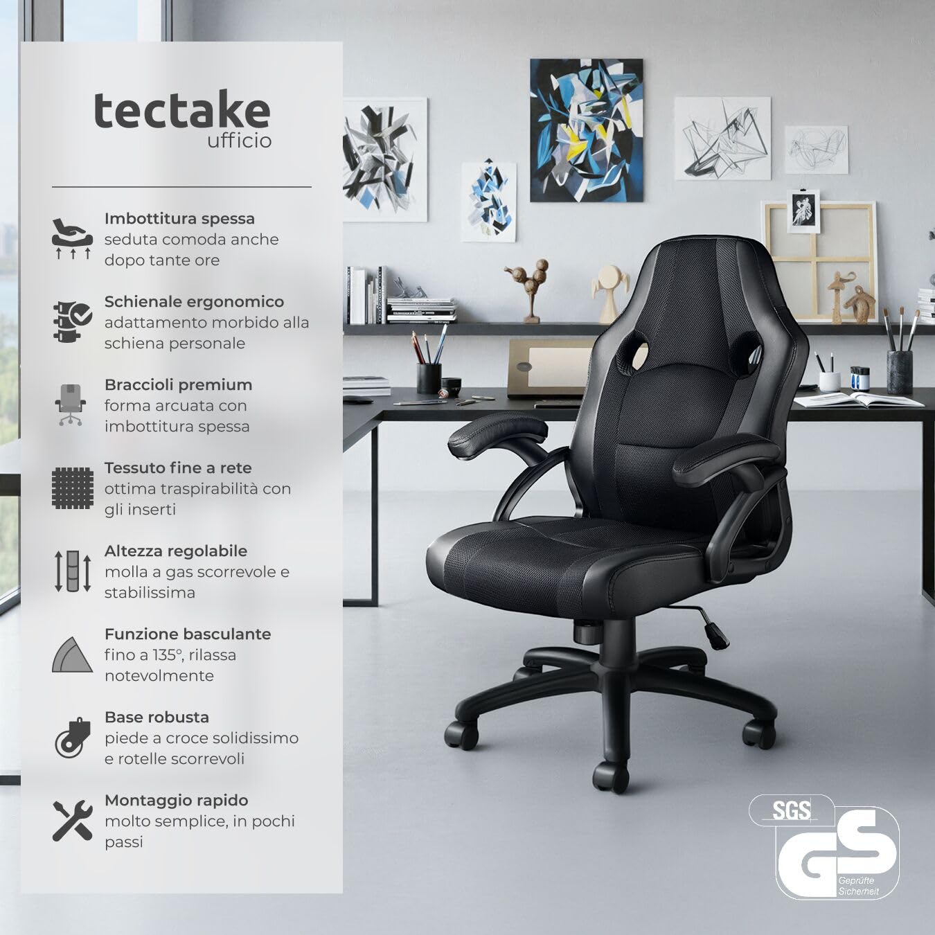 tectake® Sedia da Ufficio Ergonomica, Poltrona Gaming con Rivestimento in Similpelle, Regolabile in Altezza, Rotazione a 360 Gradi, Base Stabile con 5 Rotelle, Design Sportivo - Nero
