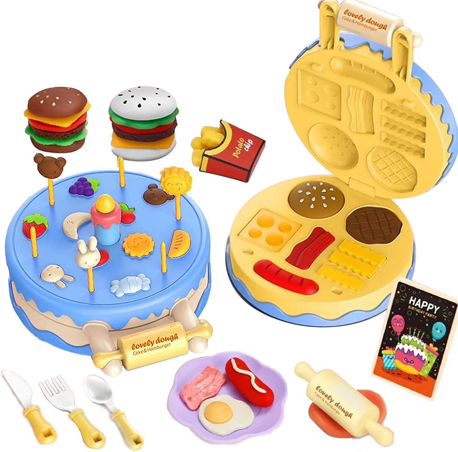 B&K Dough Sets for Kids, Playdough 23 Pcs Birthday Cake Theme Triple Layer Hamburger Clay Dough Kit ,Pretend Play Food Sets for Boys Girls Toddlers Birthday Christmas Party Gifts (BLUE)